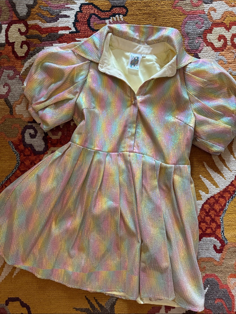Queen of Sparkles Iridescent Pastel Short Dress with Puff Sleeves gold! Small